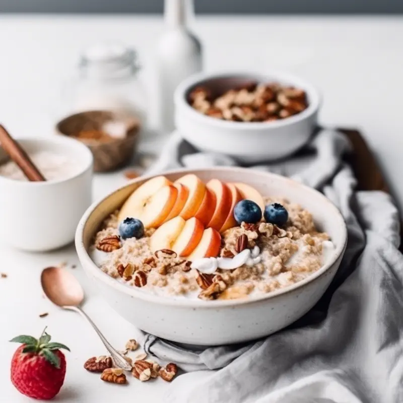 An inviting image of a bowl filled with creamy apple cinnamon oats topped with fresh apple slices, cinnamon sticks, and a sprinkle of nuts, showcasing its comforting and hearty appeal.